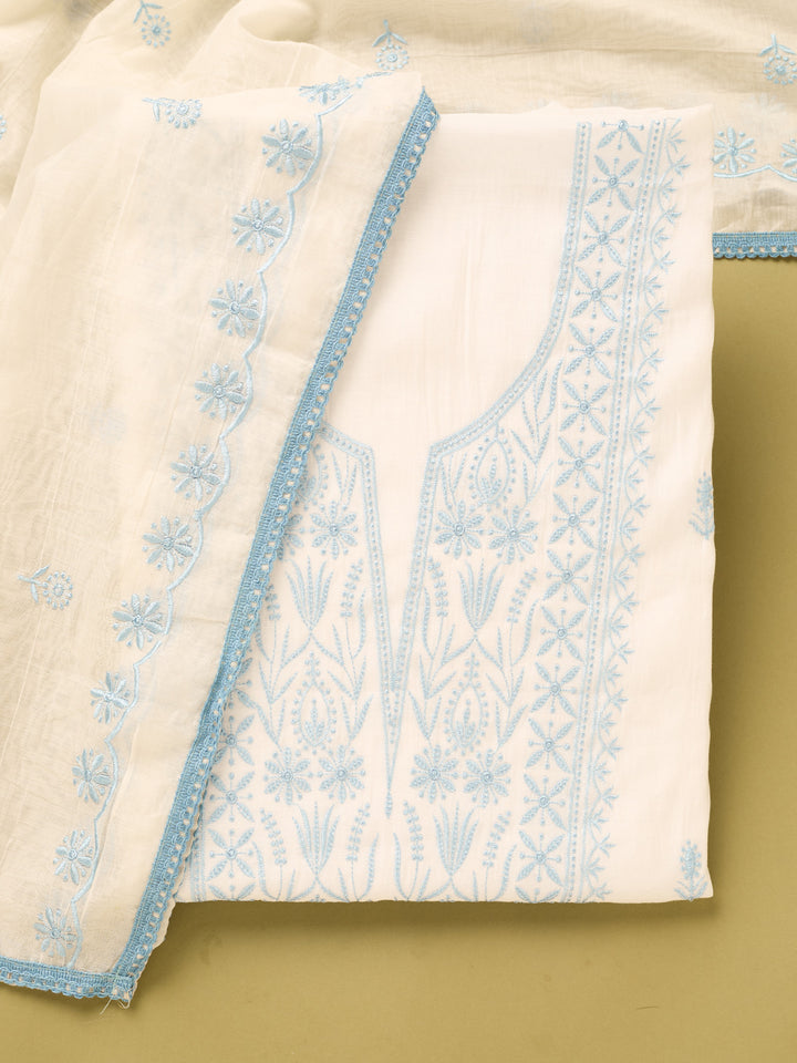 Off White Sky Blue Cotton Threadwork Unstitched Dress Material With Matching Bottom And Dupatta