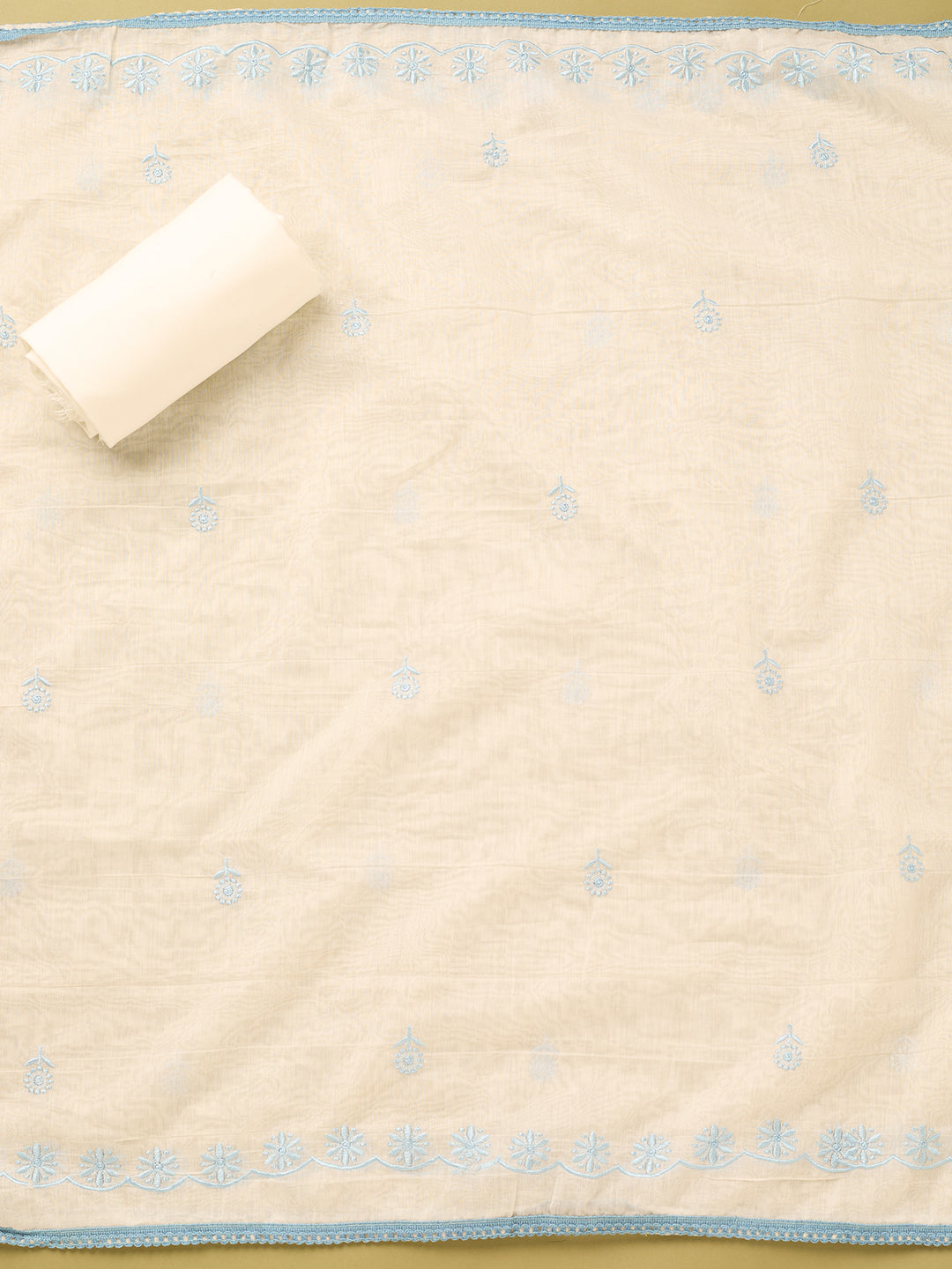 Off White Sky Blue Cotton Threadwork Unstitched Dress Material With Matching Bottom And Dupatta