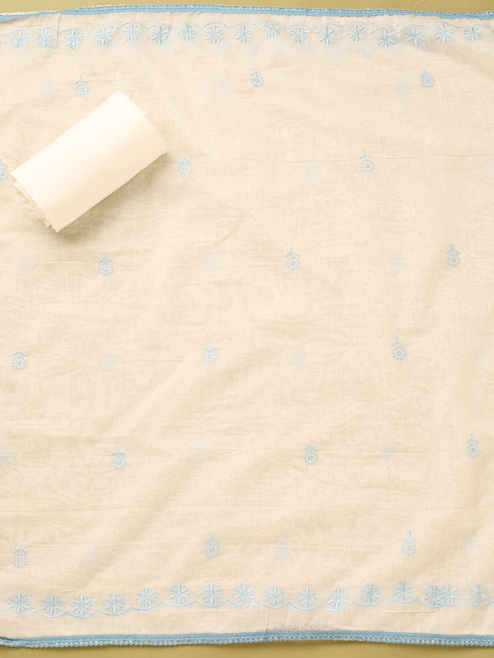 Off White Sky Blue Cotton Threadwork Unstitched Dress Material With Matching Bottom And Dupatta