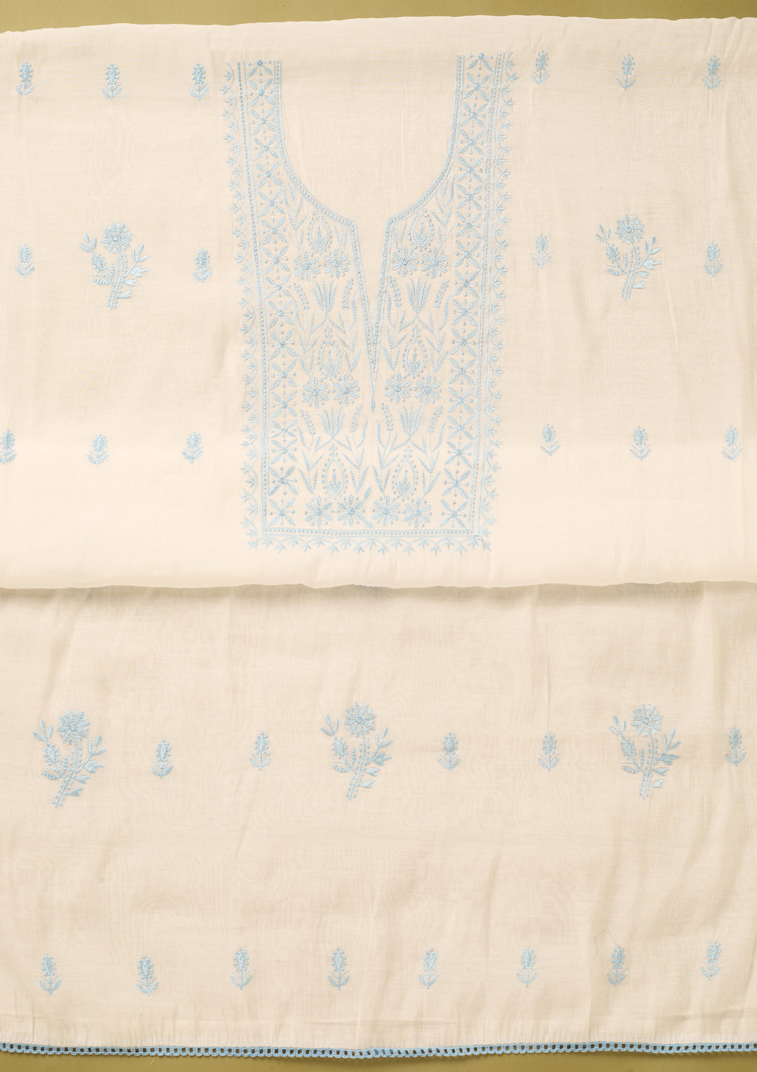 Off White Sky Blue Cotton Threadwork Unstitched Dress Material With Matching Bottom And Dupatta