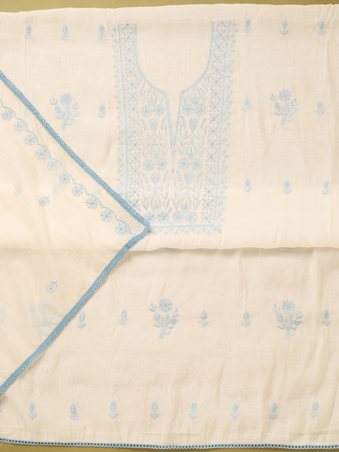 Off White Sky Blue Cotton Threadwork Unstitched Dress Material With Matching Bottom And Dupatta