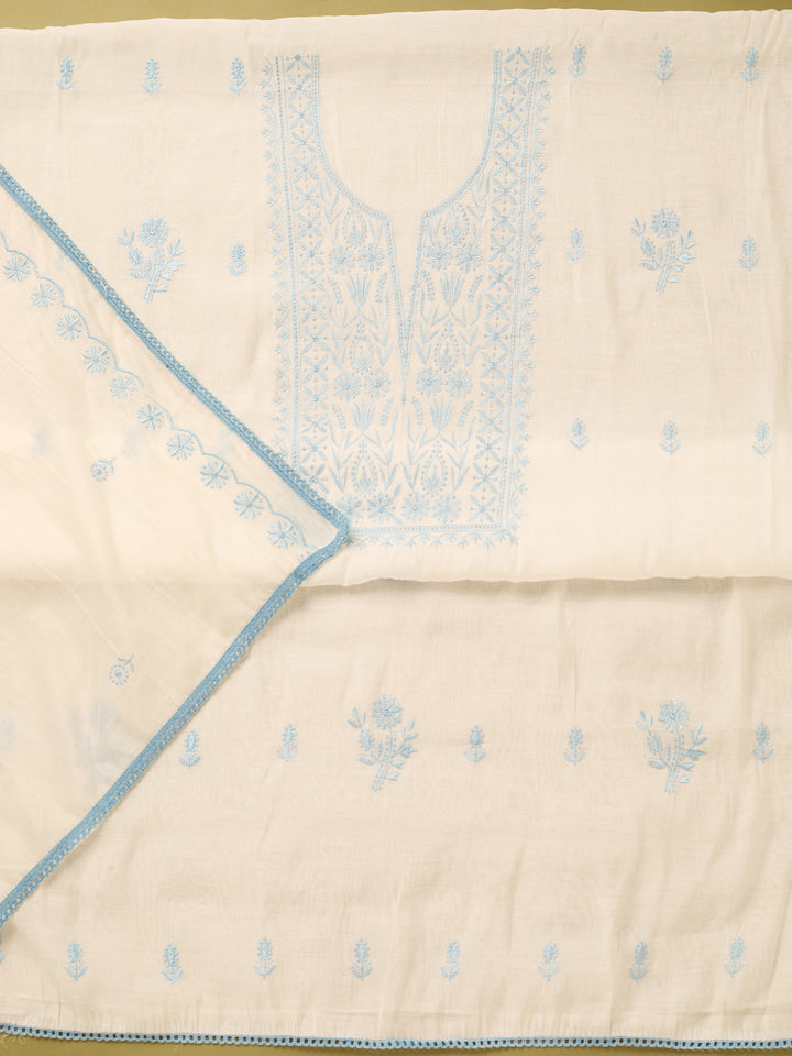 Off White Sky Blue Cotton Threadwork Unstitched Dress Material With Matching Bottom And Dupatta