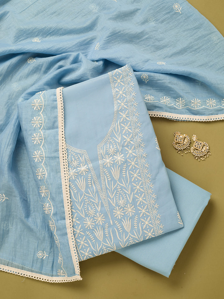 Sky Blue Off White Cotton Threadwork Unstitched Dress Material With Matching Bottom And Dupatta