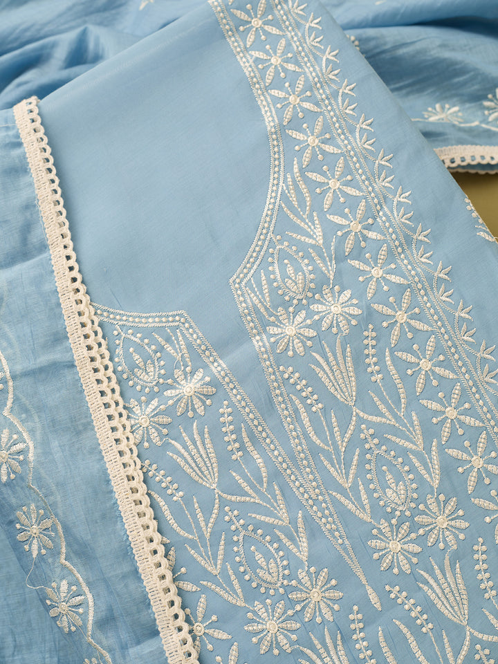 Sky Blue Off White Cotton Threadwork Unstitched Dress Material With Matching Bottom And Dupatta