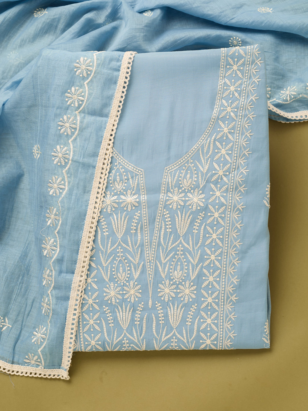Sky Blue Off White Cotton Threadwork Unstitched Dress Material With Matching Bottom And Dupatta
