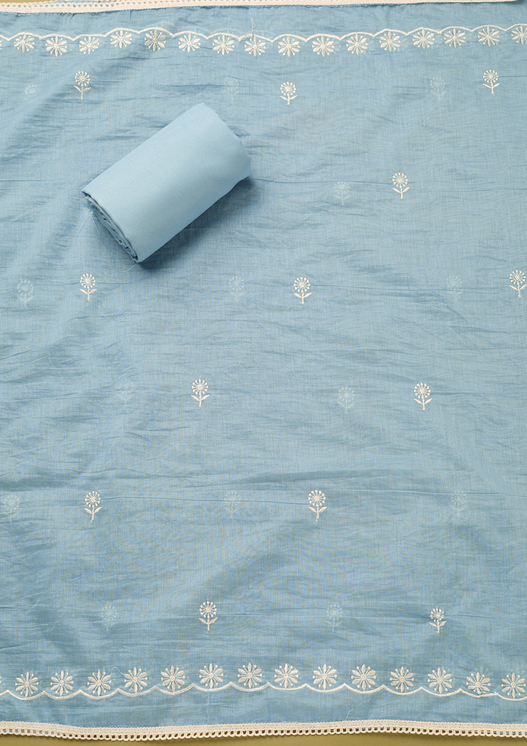 Sky Blue Off White Cotton Threadwork Unstitched Dress Material With Matching Bottom And Dupatta