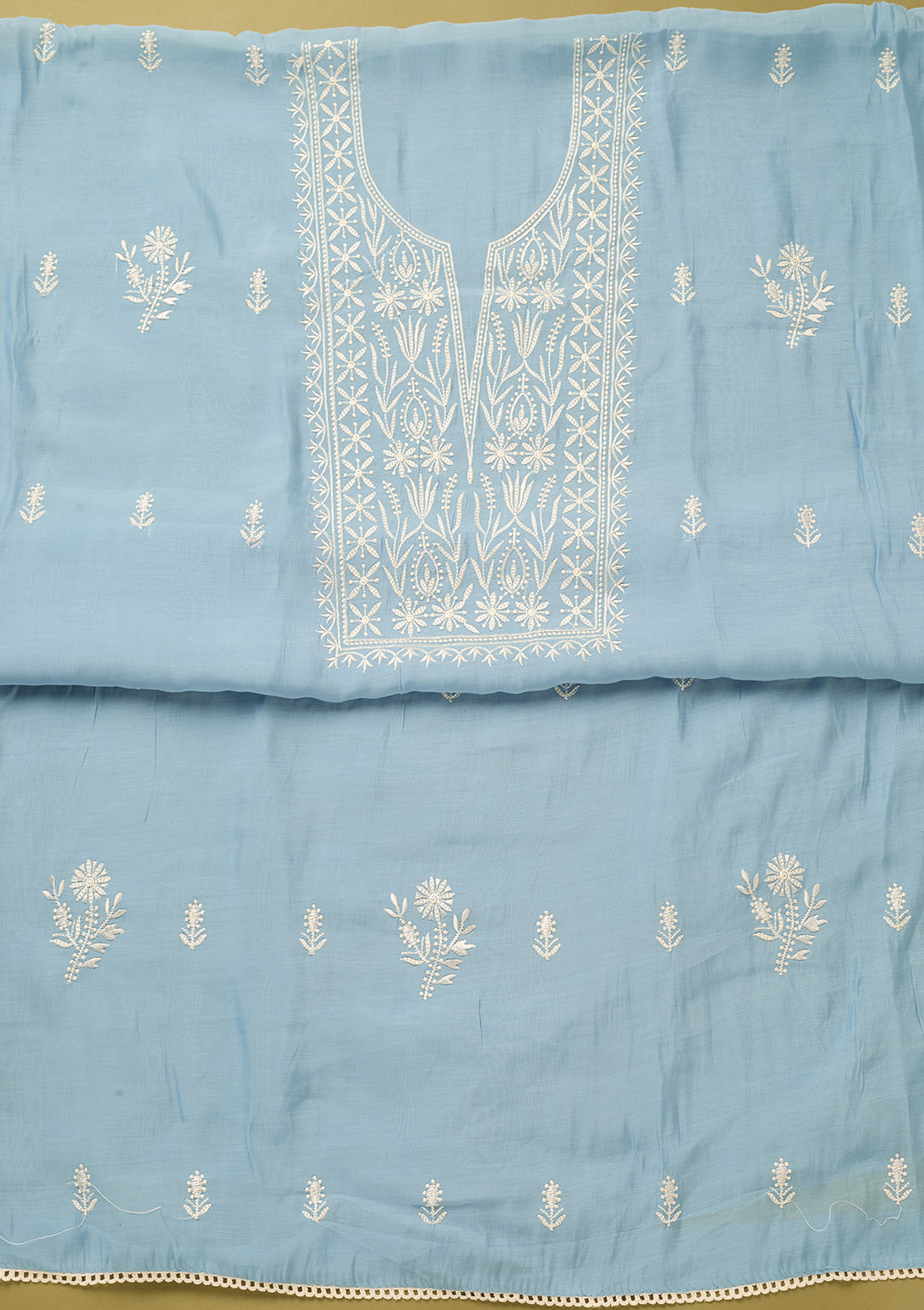 Sky Blue Off White Cotton Threadwork Unstitched Dress Material With Matching Bottom And Dupatta