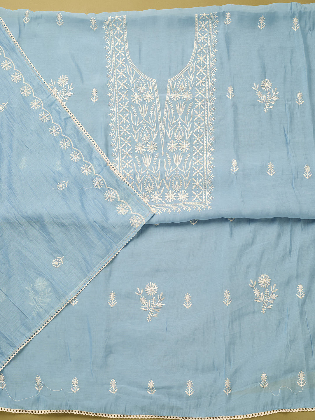 Sky Blue Off White Cotton Threadwork Unstitched Dress Material With Matching Bottom And Dupatta