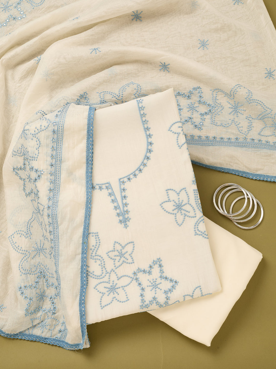 Off White Sky Blue Cotton Threadwork Unstitched Dress Material With Matching Bottom And Dupatta