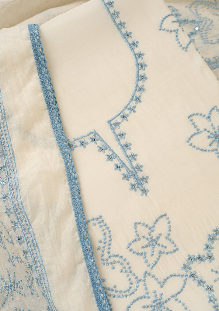 Off White Sky Blue Cotton Threadwork Unstitched Dress Material With Matching Bottom And Dupatta