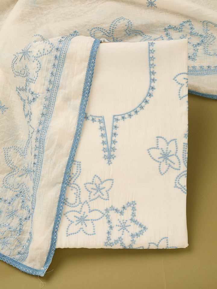 Off White Sky Blue Cotton Threadwork Unstitched Dress Material With Matching Bottom And Dupatta