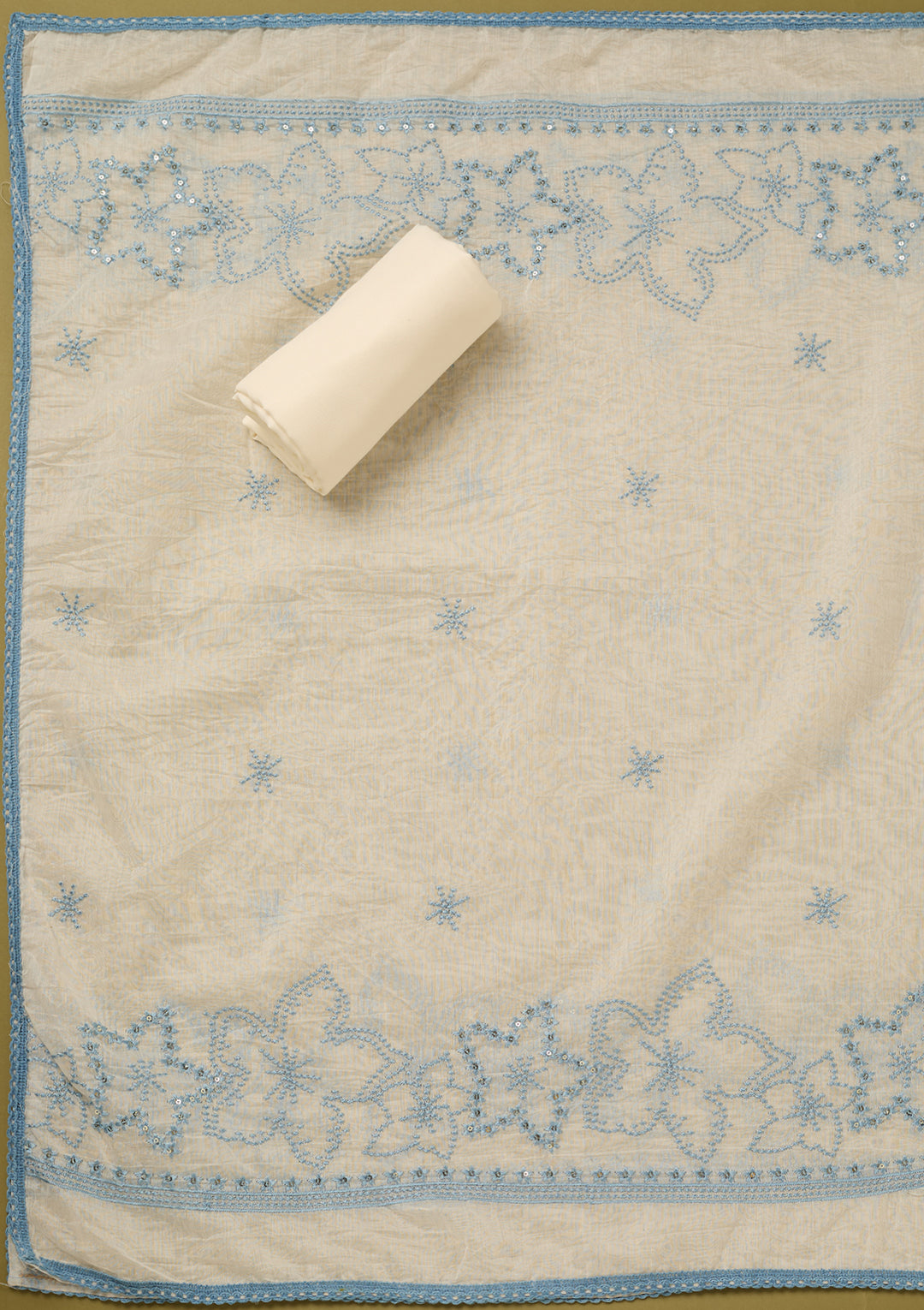 Off White Sky Blue Cotton Threadwork Unstitched Dress Material With Matching Bottom And Dupatta