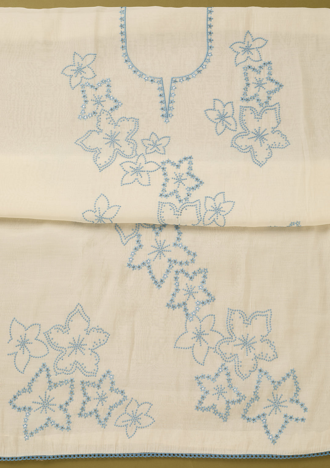 Off White Sky Blue Cotton Threadwork Unstitched Dress Material With Matching Bottom And Dupatta