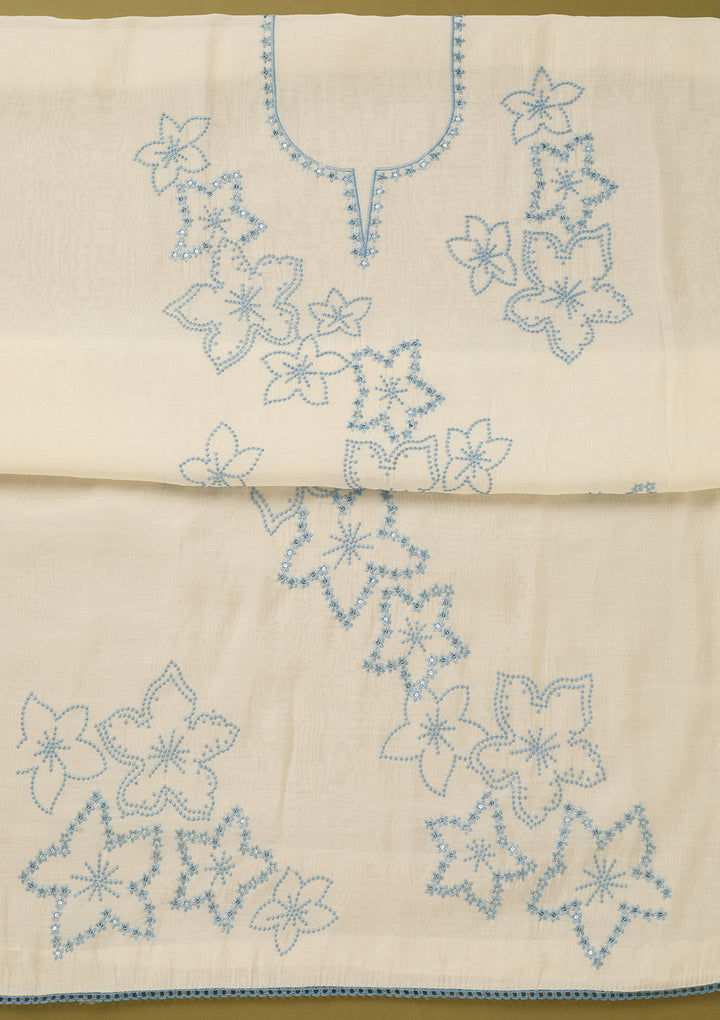 Off White Sky Blue Cotton Threadwork Unstitched Dress Material With Matching Bottom And Dupatta