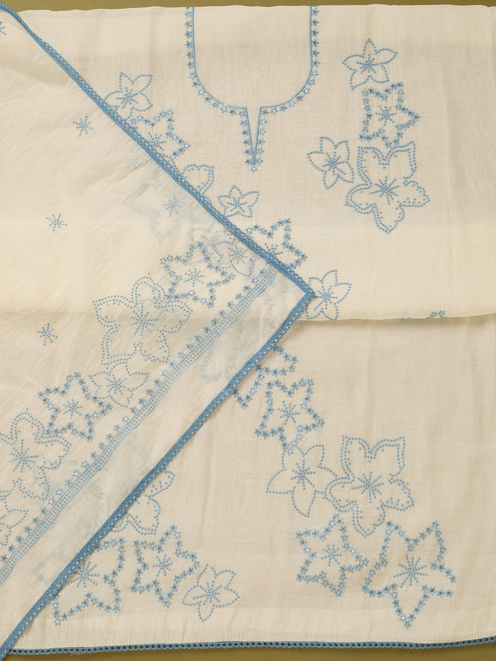 Off White Sky Blue Cotton Threadwork Unstitched Dress Material With Matching Bottom And Dupatta