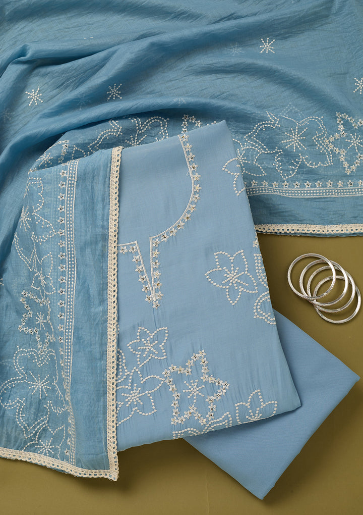 Sky Blue Off White Cotton Threadwork Unstitched Dress Material With Matching Bottom And Dupatta
