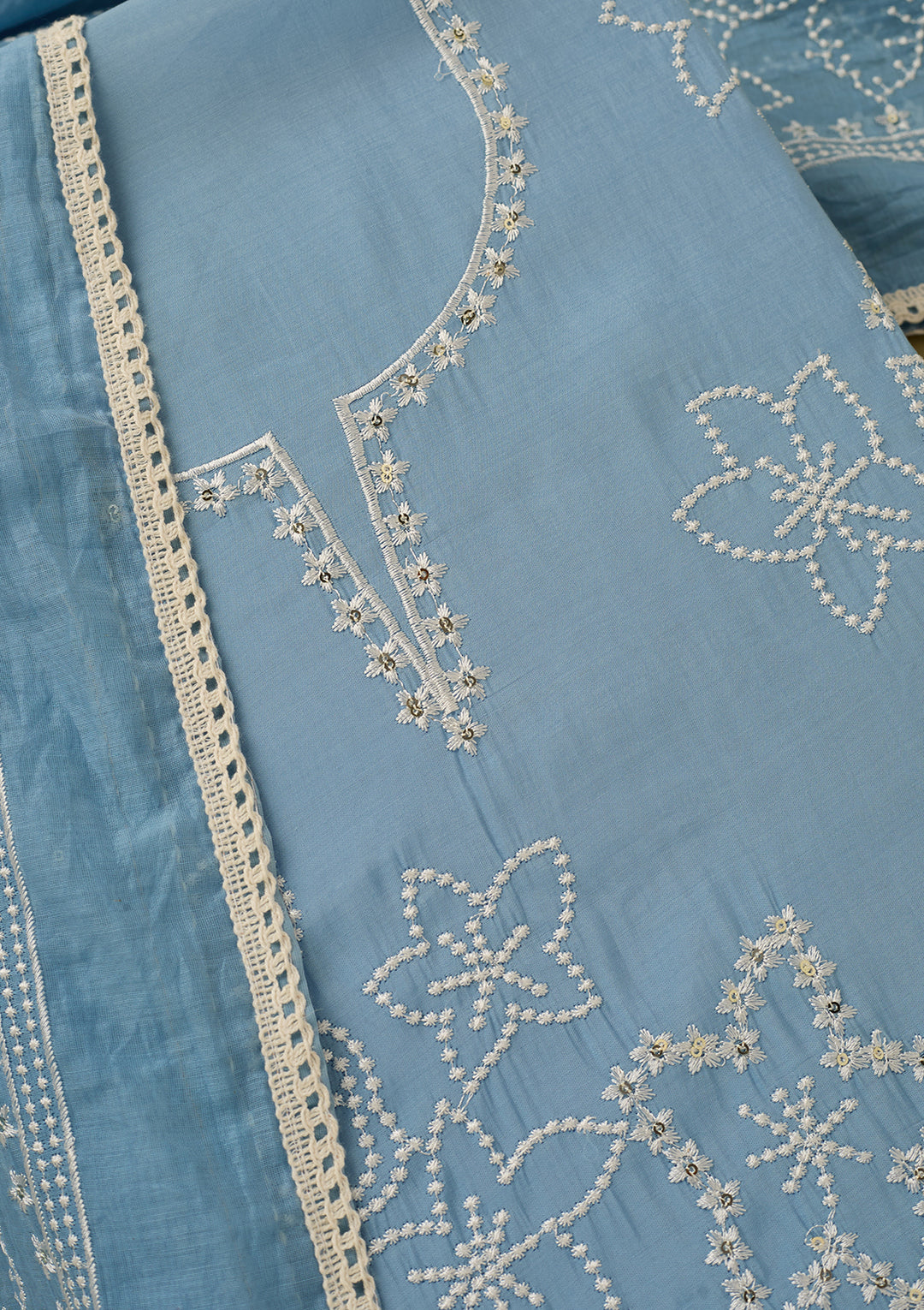 Sky Blue Off White Cotton Threadwork Unstitched Dress Material With Matching Bottom And Dupatta