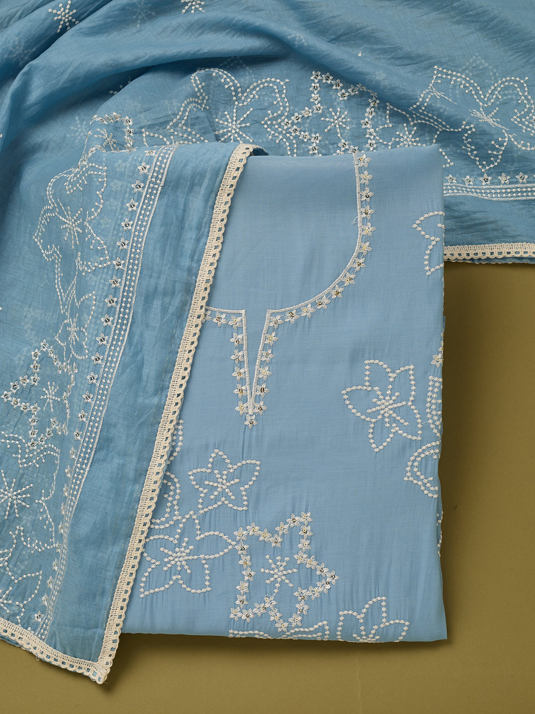 Sky Blue Off White Cotton Threadwork Unstitched Dress Material With Matching Bottom And Dupatta