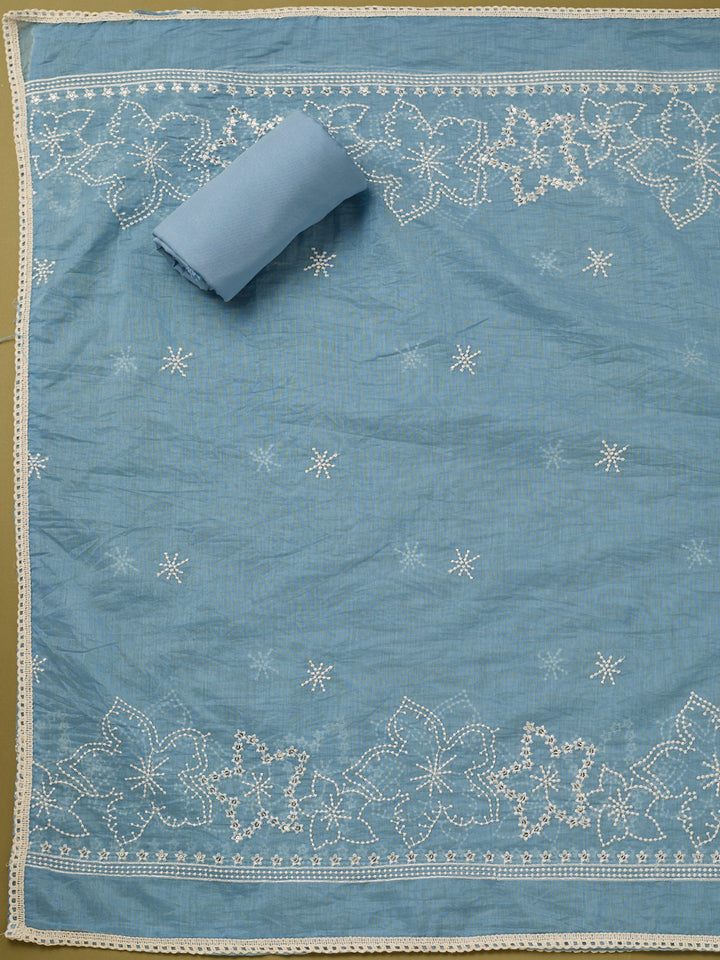 Sky Blue Off White Cotton Threadwork Unstitched Dress Material With Matching Bottom And Dupatta