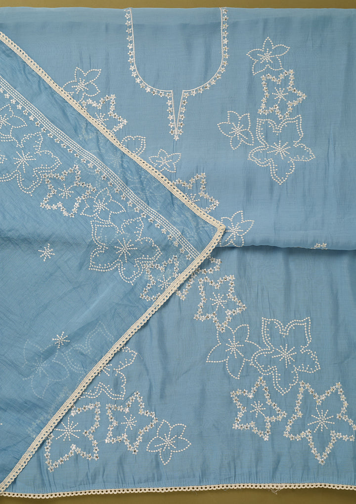 Sky Blue Off White Cotton Threadwork Unstitched Dress Material With Matching Bottom And Dupatta