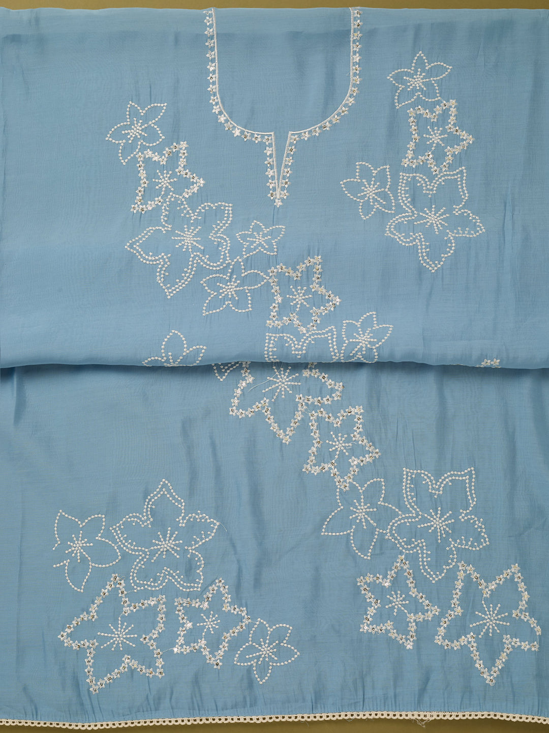 Sky Blue Off White Cotton Threadwork Unstitched Dress Material With Matching Bottom And Dupatta