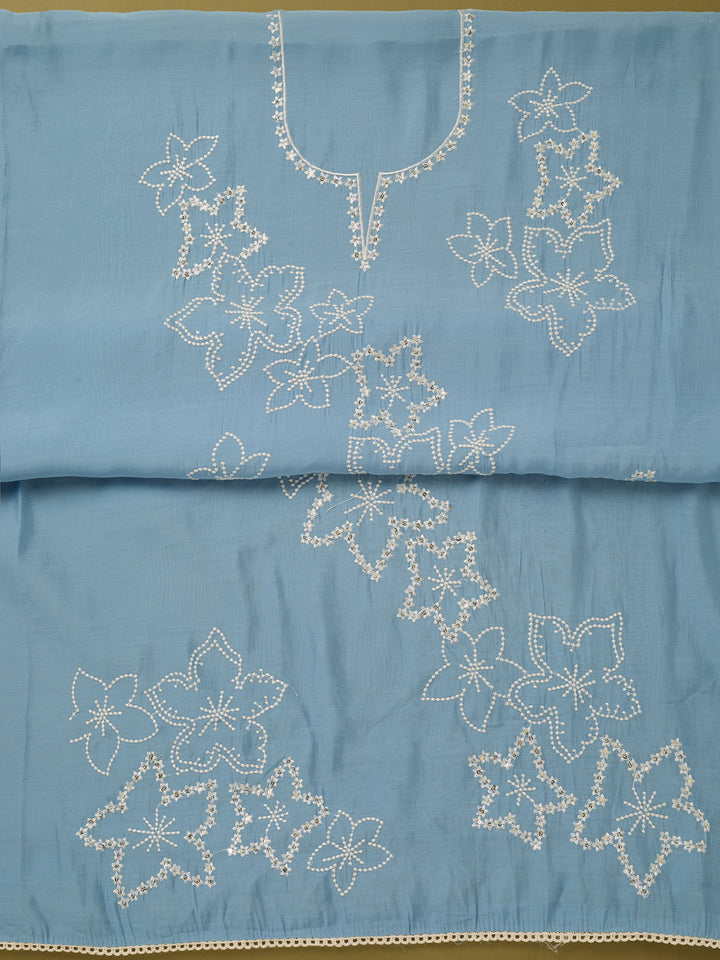 Sky Blue Off White Cotton Threadwork Unstitched Dress Material With Matching Bottom And Dupatta