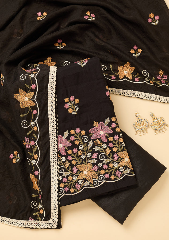 Black Multi Cotton Threadwork Unstitched Dress Material With Matching Bottom And Dupatta