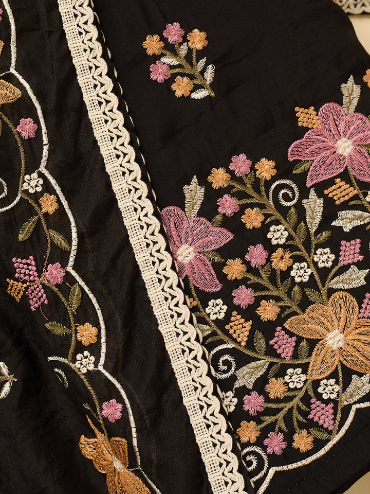 Black Multi Cotton Threadwork Unstitched Dress Material With Matching Bottom And Dupatta