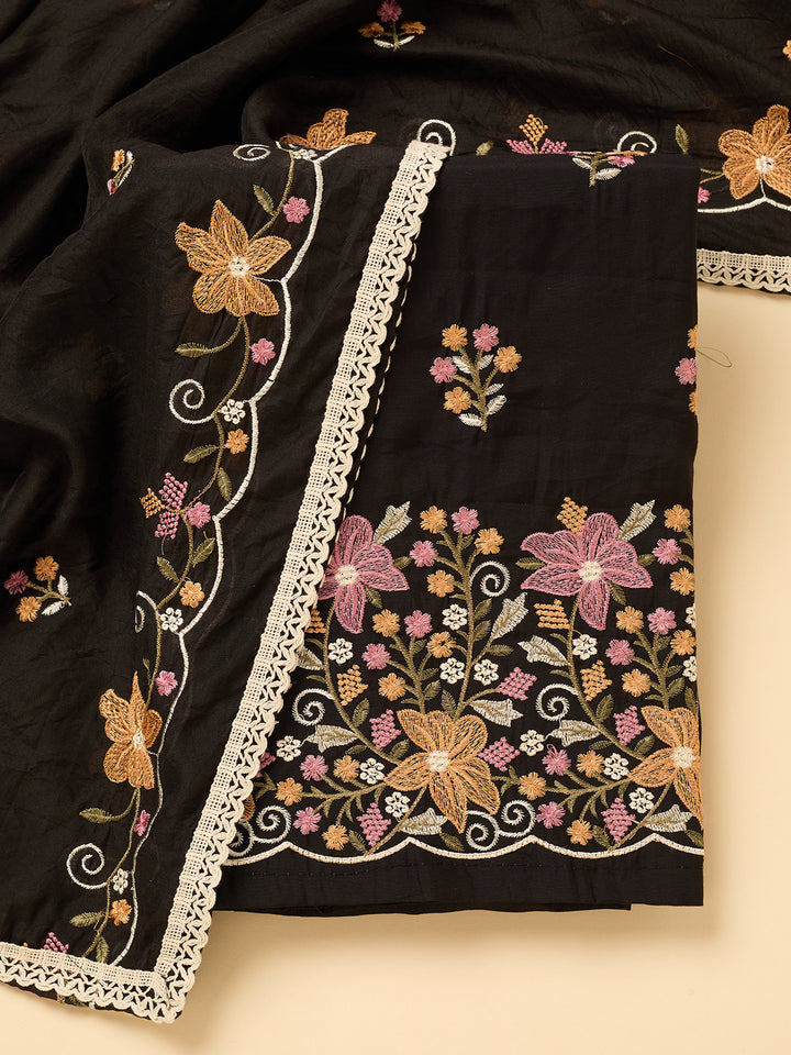 Black Multi Cotton Threadwork Unstitched Dress Material With Matching Bottom And Dupatta