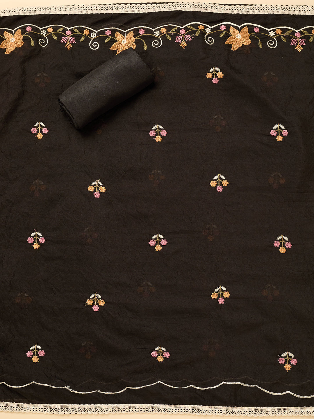Black Multi Cotton Threadwork Unstitched Dress Material With Matching Bottom And Dupatta