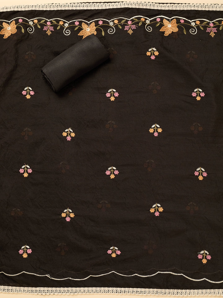 Black Multi Cotton Threadwork Unstitched Dress Material With Matching Bottom And Dupatta