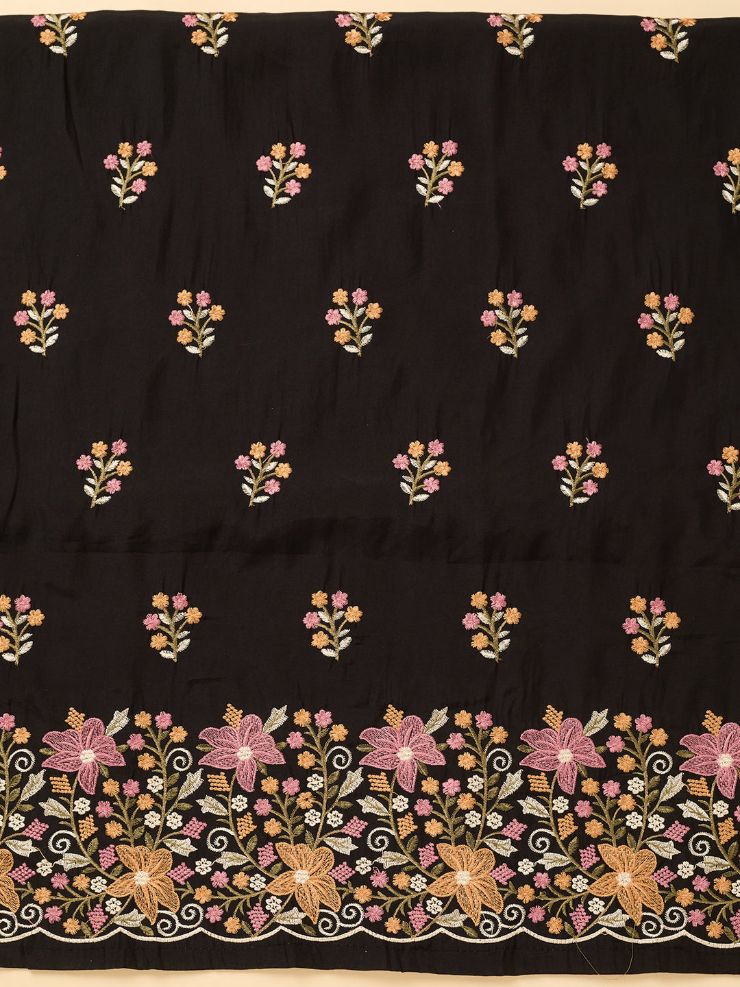 Black Multi Cotton Threadwork Unstitched Dress Material With Matching Bottom And Dupatta