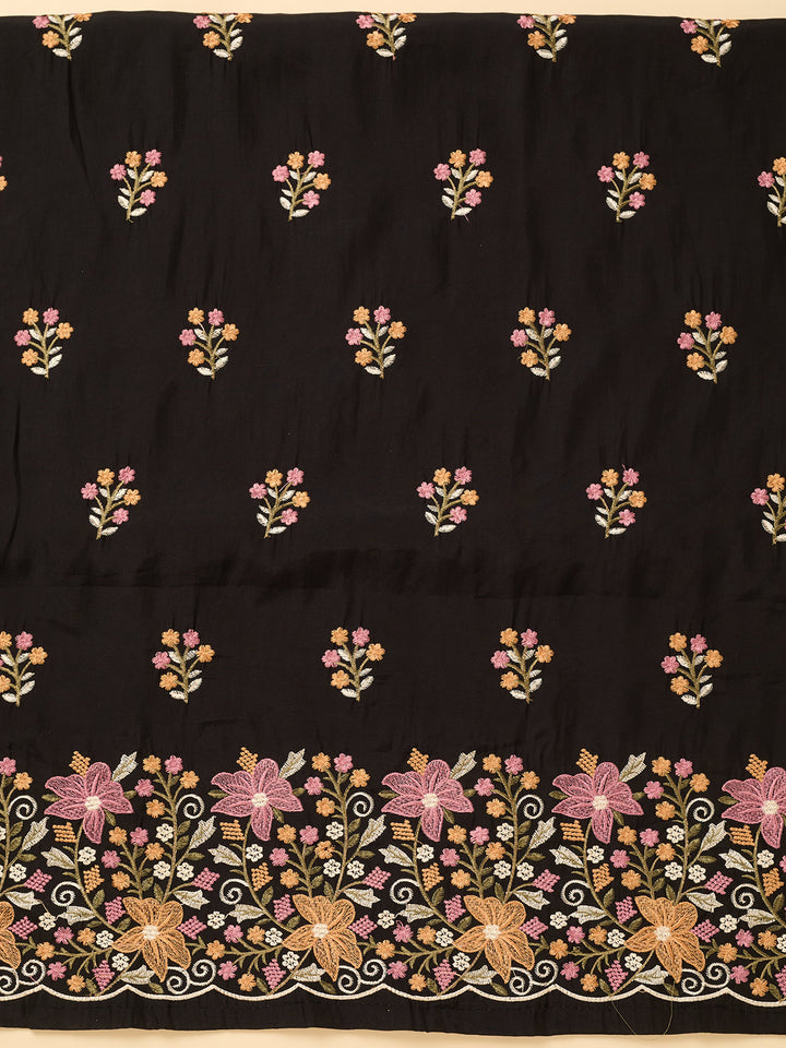 Black Multi Cotton Threadwork Unstitched Dress Material With Matching Bottom And Dupatta