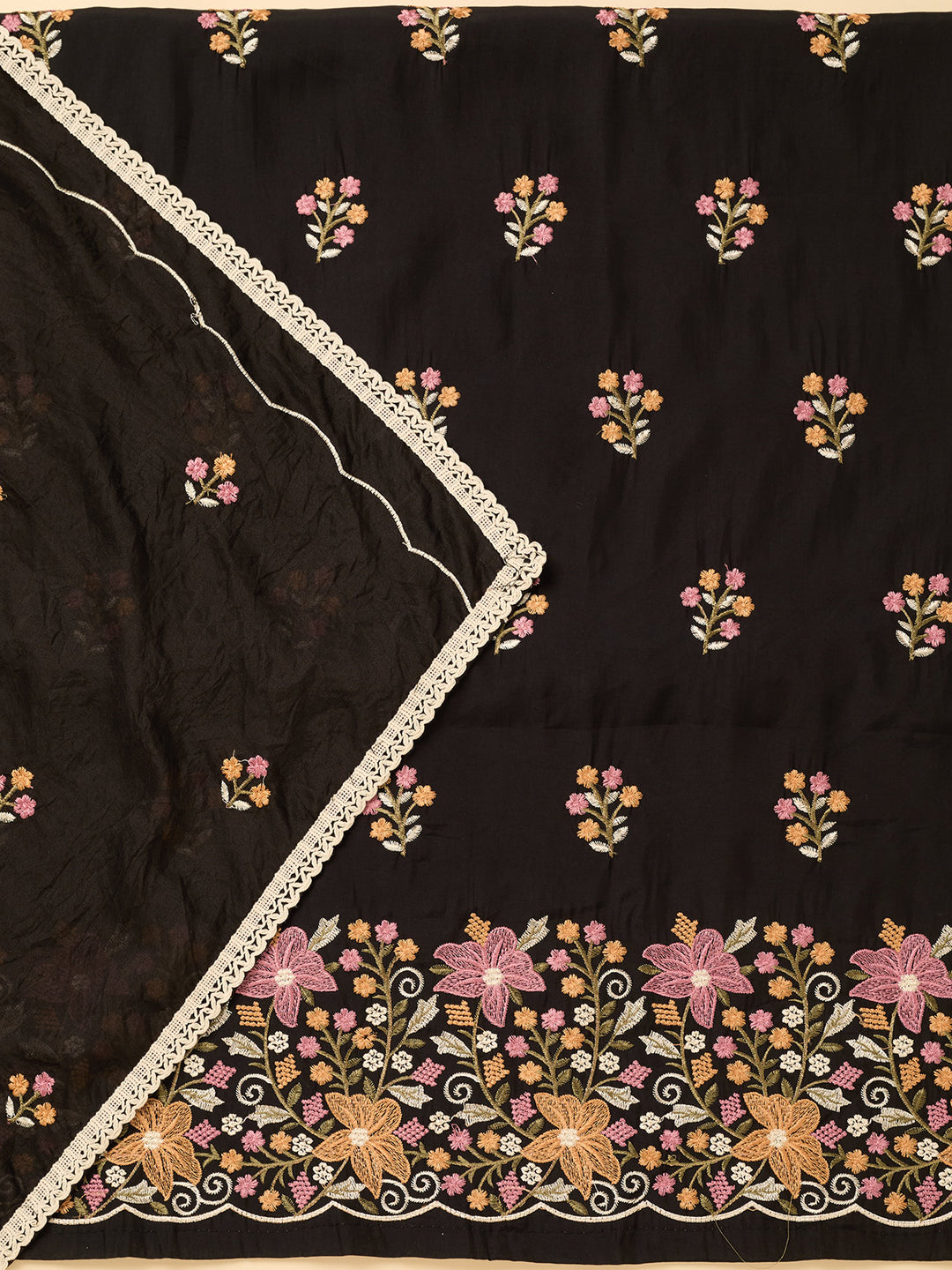 Black Multi Cotton Threadwork Unstitched Dress Material With Matching Bottom And Dupatta