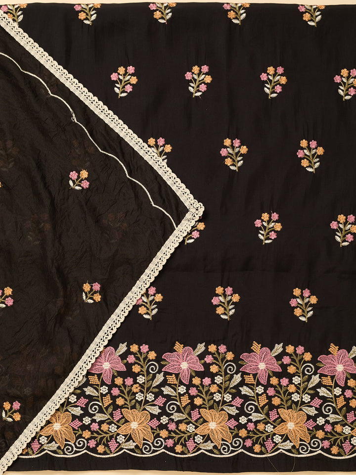Black Multi Cotton Threadwork Unstitched Dress Material With Matching Bottom And Dupatta