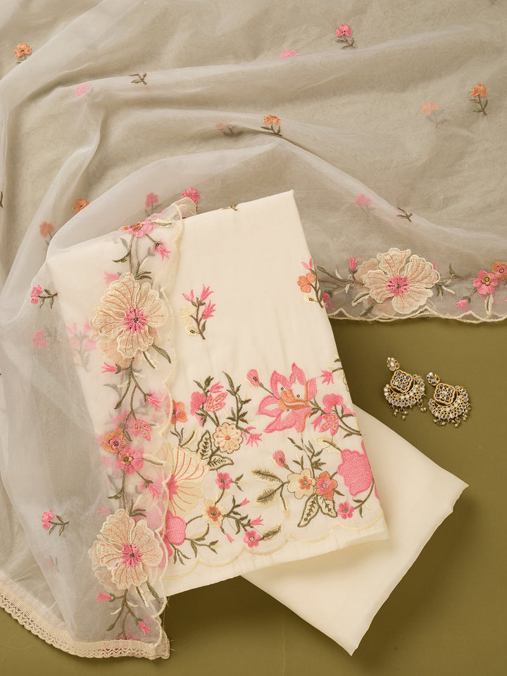Off White Multi Cotton Threadwork Unstitched Dress Material With Matching Bottom And Dupatta
