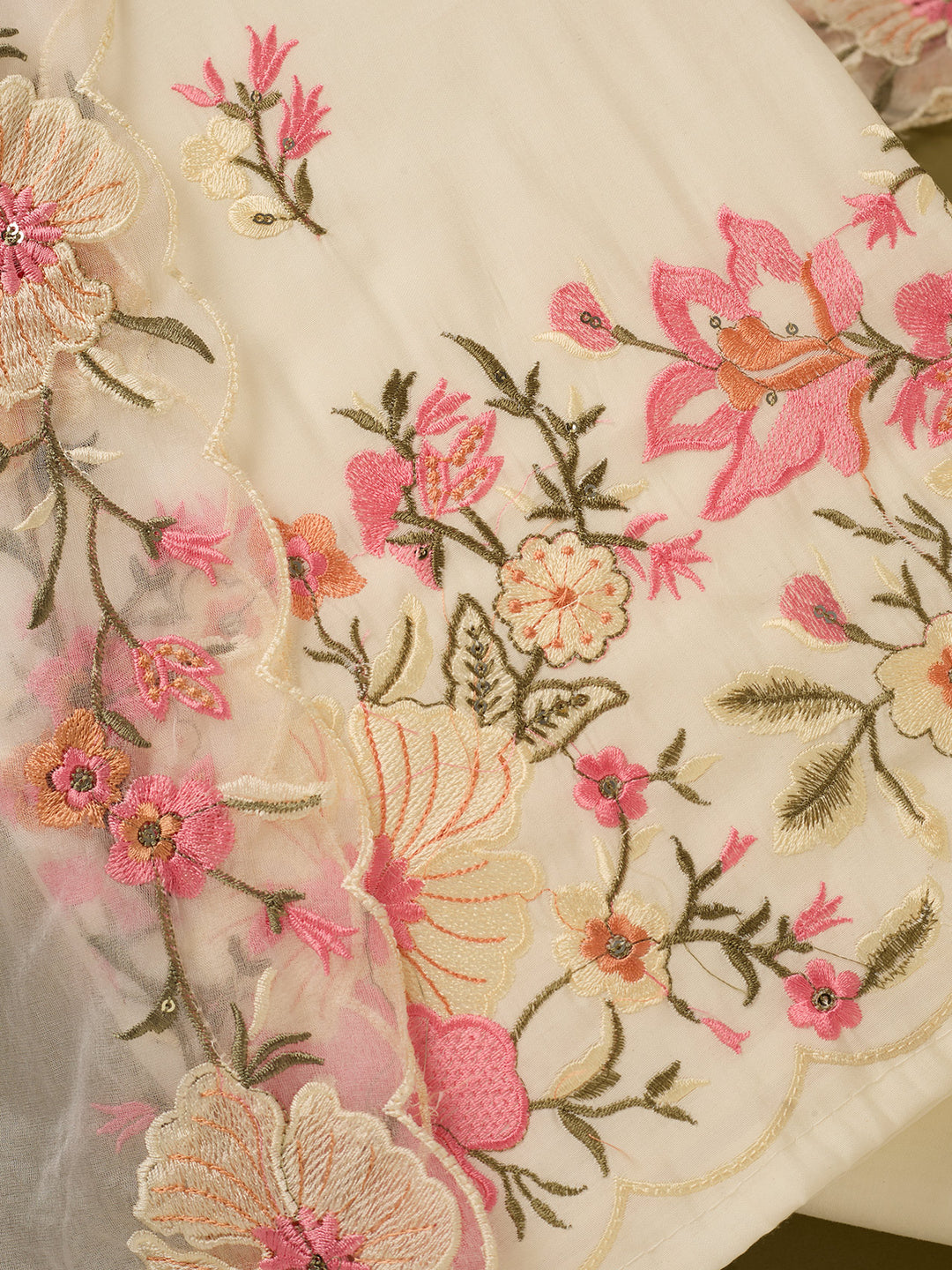 Off White Multi Cotton Threadwork Unstitched Dress Material With Matching Bottom And Dupatta