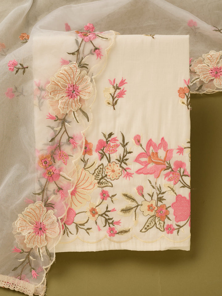 Off White Multi Cotton Threadwork Unstitched Dress Material With Matching Bottom And Dupatta