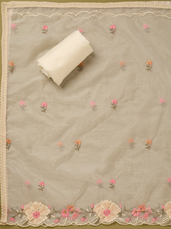 Off White Multi Cotton Threadwork Unstitched Dress Material With Matching Bottom And Dupatta