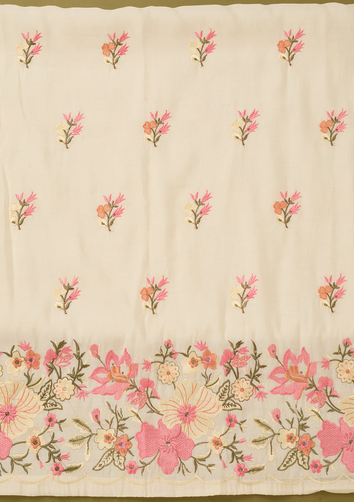 Off White Multi Cotton Threadwork Unstitched Dress Material With Matching Bottom And Dupatta