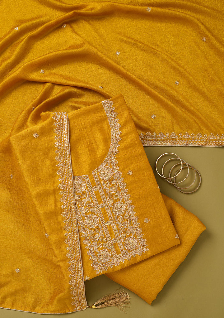 Mustard Yellow Soft Raw Silk Gold Zariwork Unstitched Dress Material With Matching Bottom And Dupatta