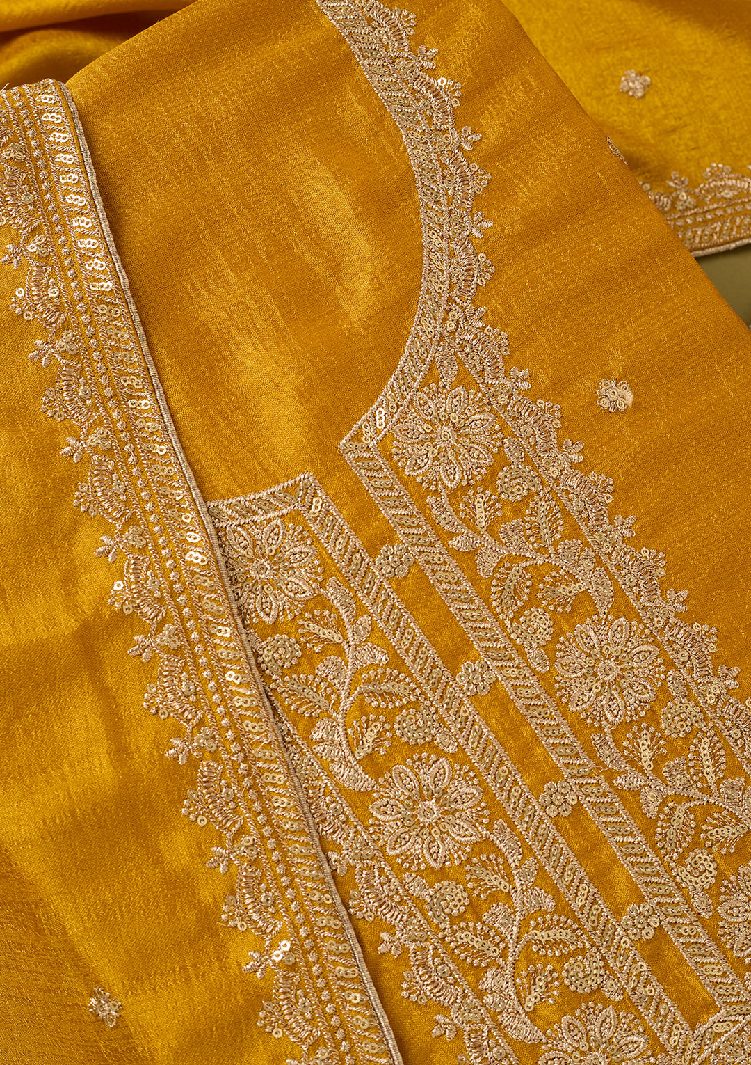 Mustard Yellow Soft Raw Silk Gold Zariwork Unstitched Dress Material With Matching Bottom And Dupatta