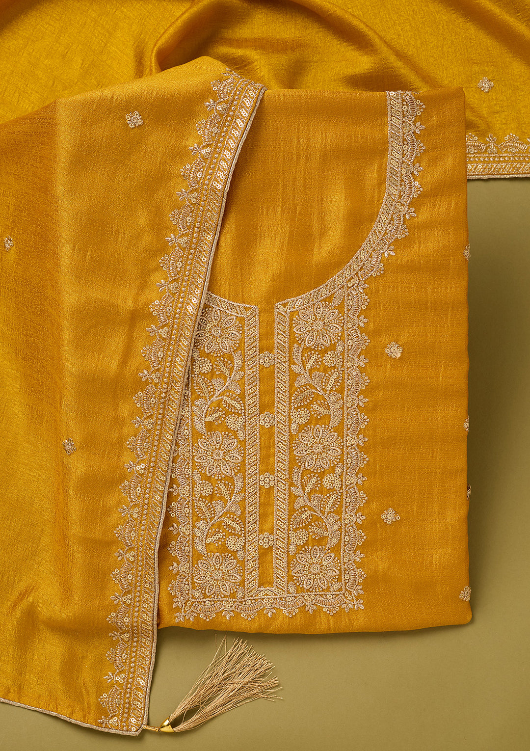 Mustard Yellow Soft Raw Silk Gold Zariwork Unstitched Dress Material With Matching Bottom And Dupatta
