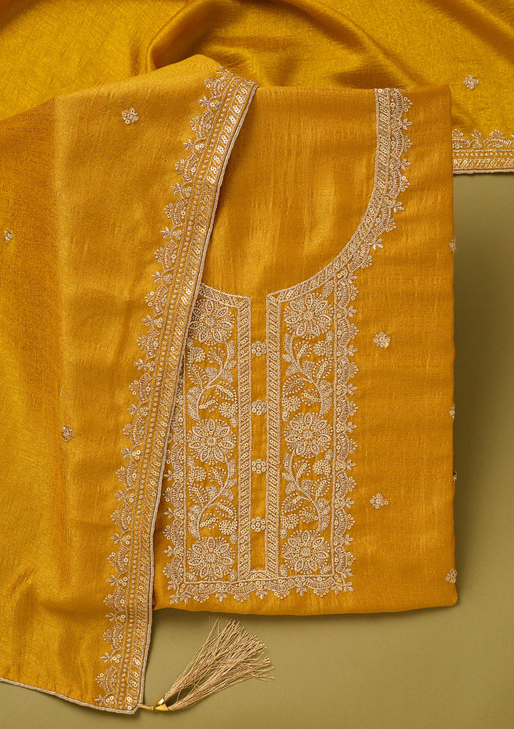 Mustard Yellow Soft Raw Silk Gold Zariwork Unstitched Dress Material With Matching Bottom And Dupatta
