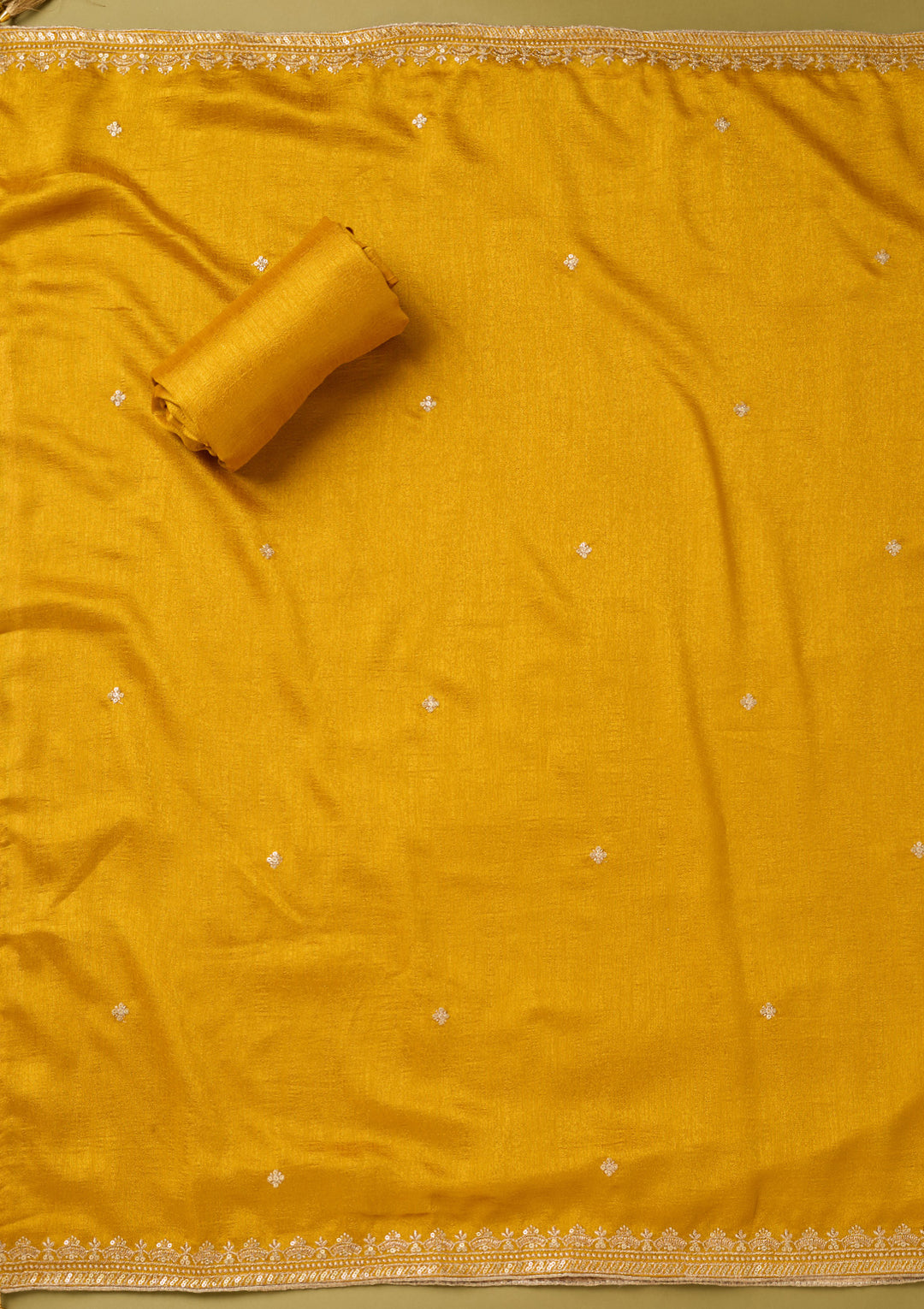 Mustard Yellow Soft Raw Silk Gold Zariwork Unstitched Dress Material With Matching Bottom And Dupatta