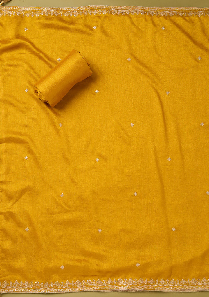 Mustard Yellow Soft Raw Silk Gold Zariwork Unstitched Dress Material With Matching Bottom And Dupatta