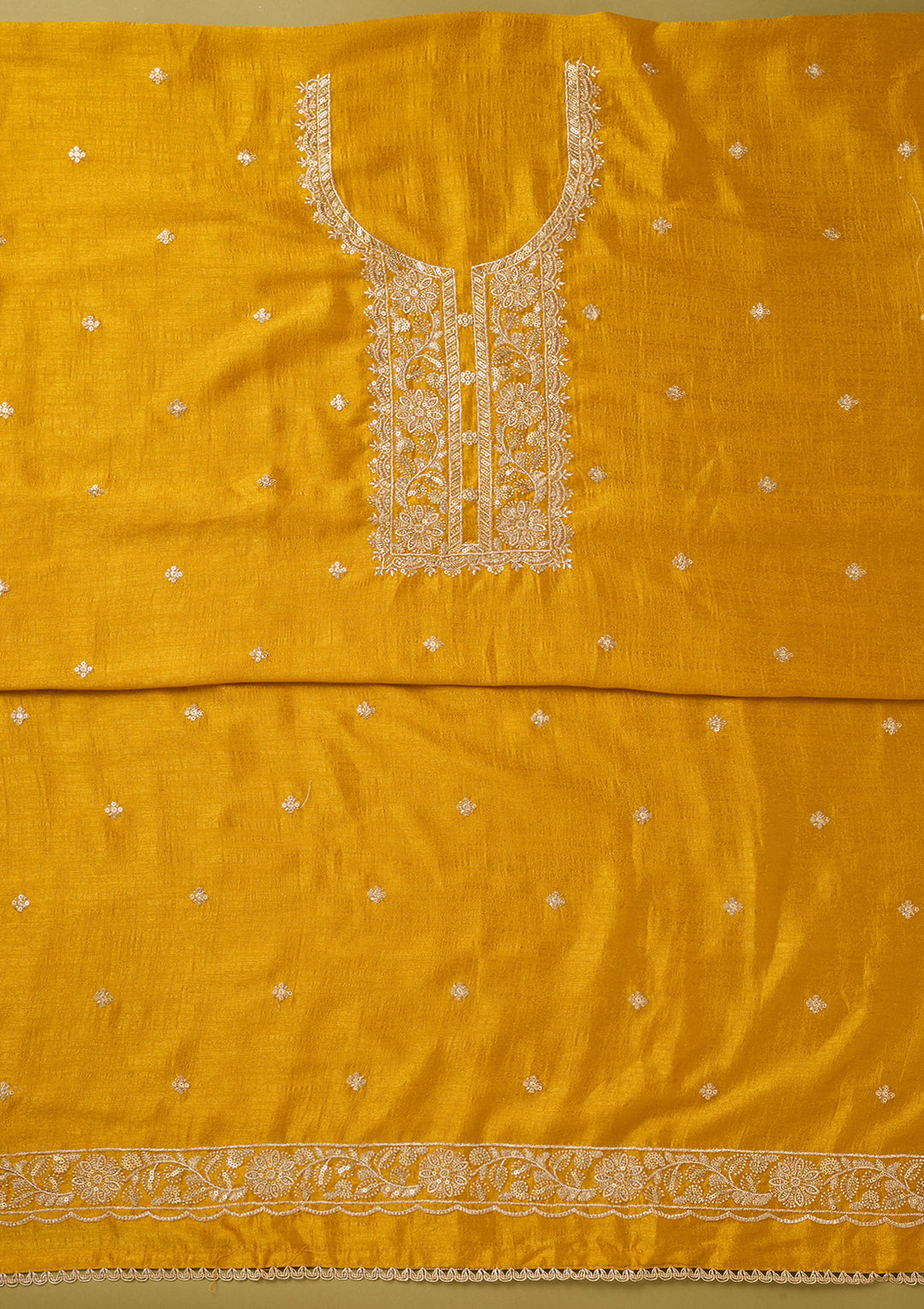 Mustard Yellow Soft Raw Silk Gold Zariwork Unstitched Dress Material With Matching Bottom And Dupatta
