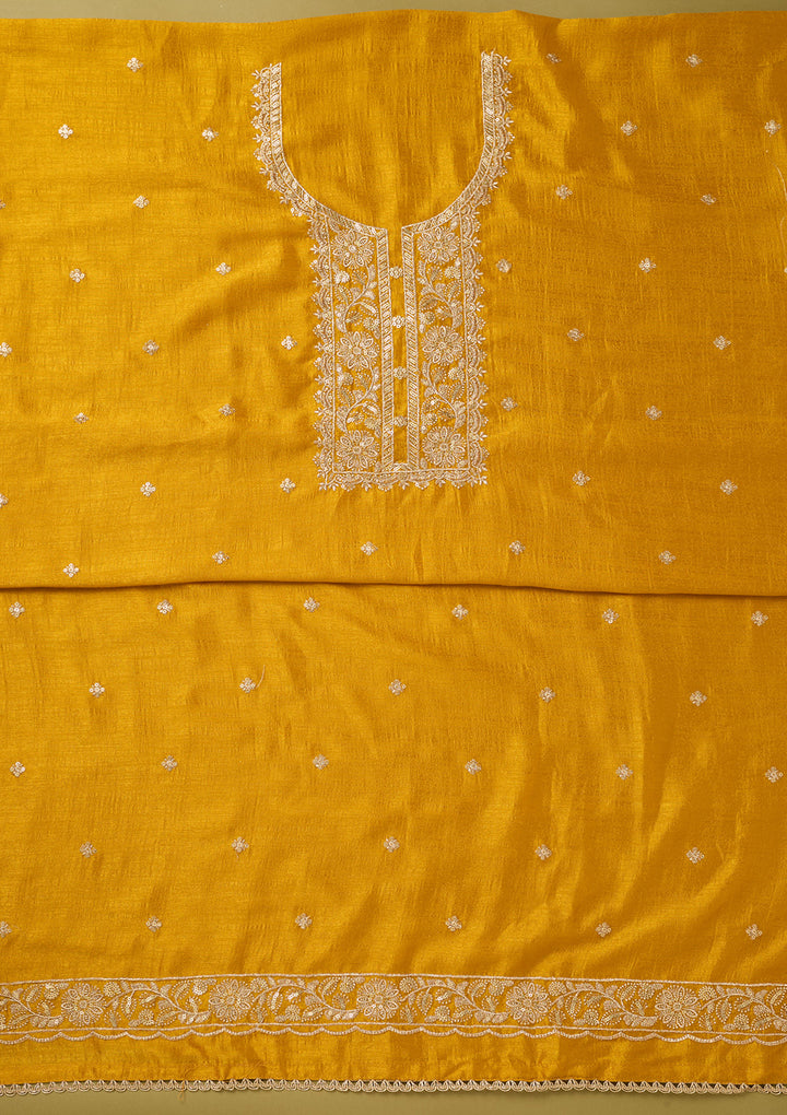 Mustard Yellow Soft Raw Silk Gold Zariwork Unstitched Dress Material With Matching Bottom And Dupatta