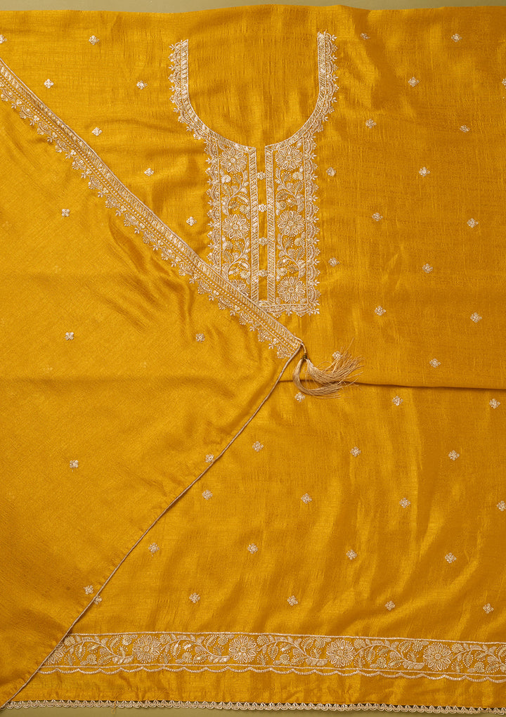Mustard Yellow Soft Raw Silk Gold Zariwork Unstitched Dress Material With Matching Bottom And Dupatta