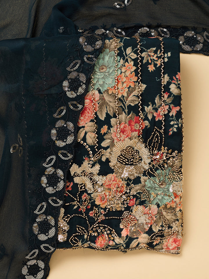 Peacock Blue Crepe Floral Cutdana Unstitched Dress Material With Matching Bottom And Dupatta